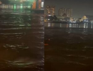 Navio bate em balsas no Porto de Santos e tripulantes pulam no mar; VEJA VÍDEO