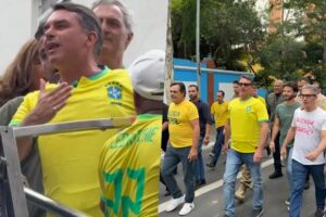 Flávio usa colete à prova de balas em manifestação contra Lula