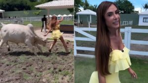 Nicole Bahls corre para escapar de vaca, mas leva cabeçada