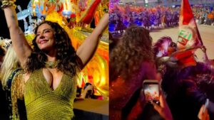 Paolla Oliveira beija bandeira da Grande Rio e mostra interação com Virginia ao assistir desfile na Sapucaí