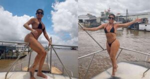 Banho de baldinho: Gretchen se diverte em rio durante passeio no Pará