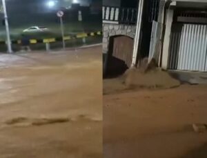 Carro cai em cratera enorme de rua em obras após alagamento; VEJA VÍDEO