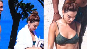 Aos 32 anos, Giovanna Lancellotti é flagrada em momento raro com o marido na praia