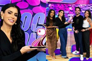 Gaby Cabrini e equipe do Fofocalizando recebem o Troféu do Prêmio Área VIP