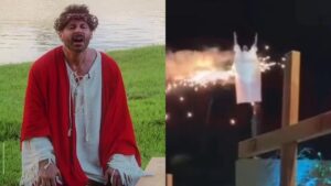 Ator Henri Castelli sofre terror com figurino em chamas durante encenação